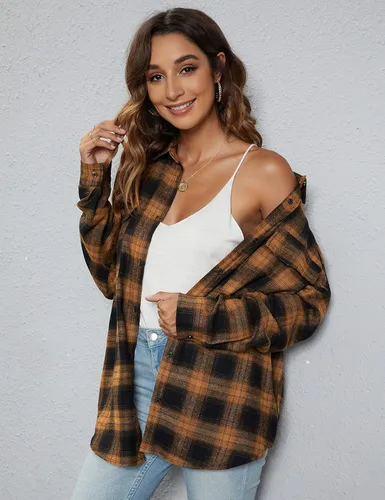 Vista 3 de Blooming Jelly - Camisas de franela con botones para mujer, de manga larga, con cuello de solapas, mezcla de chaqueta y camisa, para negocios o uso
