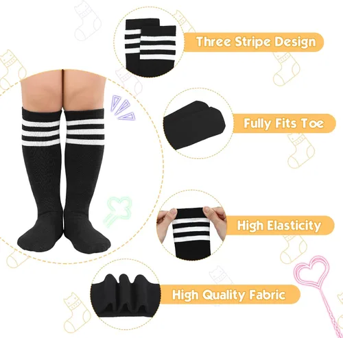 Vista 4 de American Trend Calcetines de fútbol para niños pequeños, calcetines largos hasta la rodilla, calcetines largos de tres rayas, calcetines uniformes