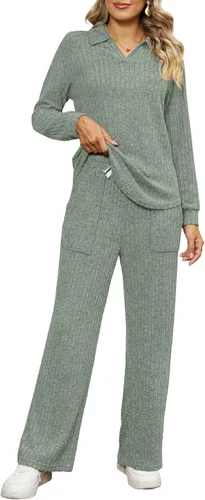 Vista 3 de WIHOLL Conjunto de 2 piezas para mujer, ropa de descanso, pantalones de pierna ancha, cuello en V, conjunto de pijama