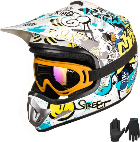 Vista 10 de ILM - Casco para niños o jóvenes para motocross o cuatrimoto o calle, de cara completa, para moto, incluye lentes y guantes, aprobado por el DOT
