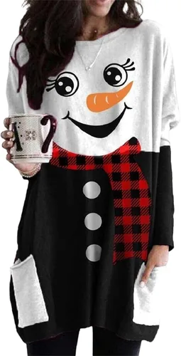 Vista 2 de Sudaderas para mujer, estilo feo, de Navidad, casual, de manga larga, estilo túnica, estampadas, blusas sueltas con bolsillo