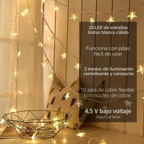 Vista 2 de Yummuely Cadena de luces de estrellas 10 pies 20 luces LED, luces de hadas con pilas, impermeables, luces de Navidad centelleantes