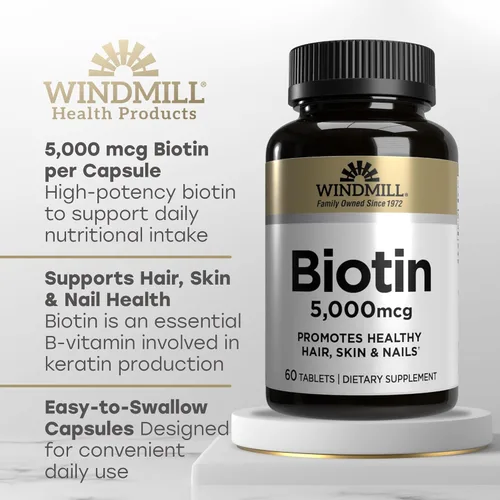 Vista 3 de Windmill Vitaminas naturales biotina de 5000 mcg, apoya la salud del cabello, la piel y las uñas, potenciador del metabolismo, 60 unidades, 60