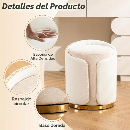 Vista 4 de Taburete Giratorio de Tocador con Base Dorada Cómoda Silla de Tocador Taburete Redondo Moderno para Tocador de Maquillaje Otomana de Tocador Beige