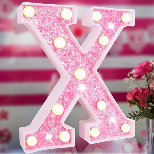 Vista 11 de Letras rosas iluminadas con purpurina, letras del alfabeto rosas, letreros de luces LED en marquesina rosas con batería para iluminación nocturna