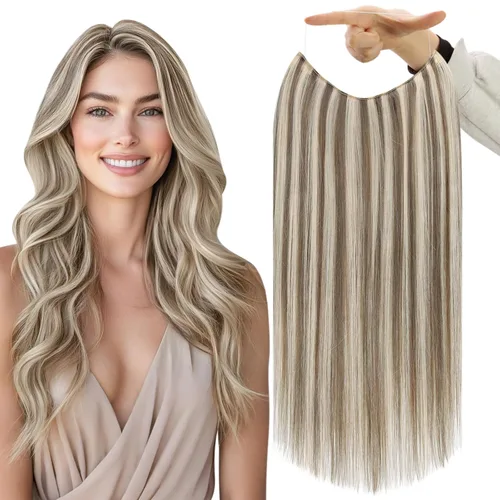 Vista 11 de Fshine - Extensiones de cabello con hilo invisible de 12 pulgadas, color rubio ceniza con reflejos de rubio decolorado, pieza de cabello humano real