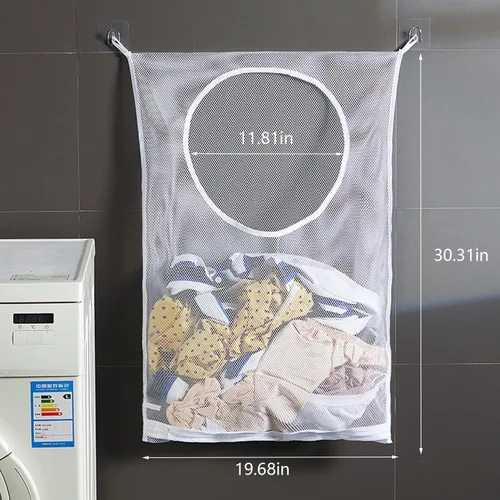 Vista 6 de Resdenio Bolsa de lavandería colgante, bolsa de lavandería portátil, 30 x 20 pulgadas, cesta grande plegable para colgar en la pared con 2 ganchos