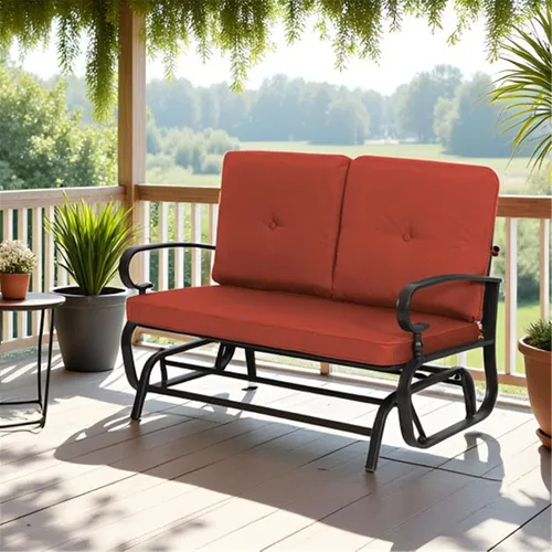 Vista 11 de SUNCROWN Silla mecedora al aire libre, silla mecedora de 2 asientos para patio, sofá biplaza con cojines, muebles de marco de acero, color marrón