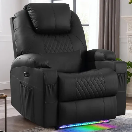 Vista 17 de Silla reclinable eléctrica con calor y masaje para adultos, asiento reclinable eléctrico de cine en casa con luces LED, portavasos, bolsillo