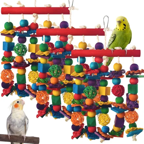 Vista 7 de DBNESS - Juguetes para pájaros, juguete masticable multicolor natural, bloques de madera natural, pájaros, loros, juguetes desgarradores con bolas