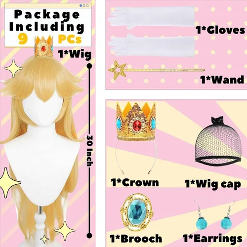 Vista 4 de JoneTing 9 piezas de peluca rubia de princesa para cosplay+ gorro de pelo + juego de accesorios de princesaPeluca rubia melocotón príncipes disfraz