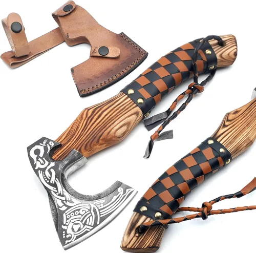 Vista 10 de ANCILLA Hacha vikinga de 16 pulgadas para camping, hecha de hoja de acero al carbono forjada a mano y mango de palisandro, el hacha viene con funda