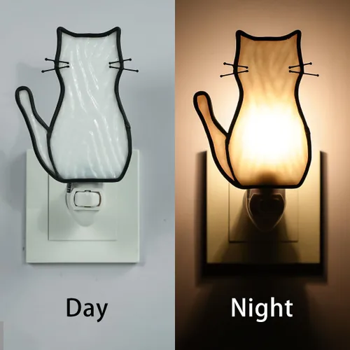 Vista 8 de BOXCASA Luz Nocturna de Gato Blanco, Lámpara de Vidrio Emplomado, Luz Nocturna Enchufable Amarilla Cálida para Sala de Estar, Dormitorio, Pasillo