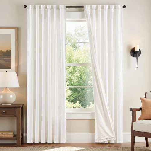 Vista 24 de jinchan Cortinas de lino floral marfil para sala de estar 84" pestaña