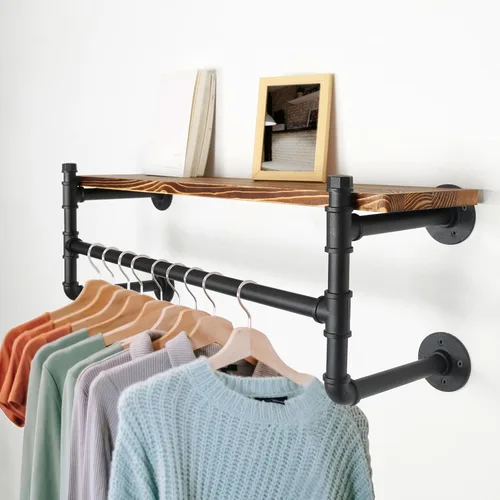Vista 2 de WEBI Perchero de pared con estante, perchero industrial de 24 pulgadas con estantes, barra de ropa de hierro resistente, barra de ropa de exhibición