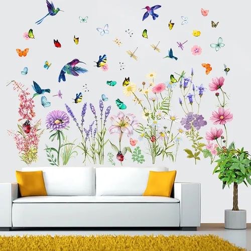 Vista 4 de Calcomanías de flores de primavera, crisantemos, lirio de lavanda, pájaros, mariposas, libélulas, mariquitas, calcomanías de pared florales