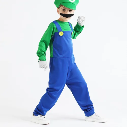 Vista 5 de Aoibox Disfraz de Super Brothers, overol de Halloween para niños con sombrero, bigote y guantes, fontanero M & L Cosplay