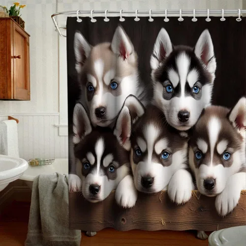 Vista 2 de Bonita cortina de ducha de perro, divertida y encantadora mascota, diseño de perros husky, cachorros, familia, niños, juego de decoración de baño
