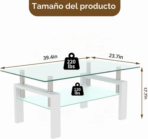 Vista 3 de Mesa de centro rectangular de vidrio de 39.4 pulgadas, mesa de centro blanca con vidrio templado y patas de metal, mesa central moderna de 2 niveles