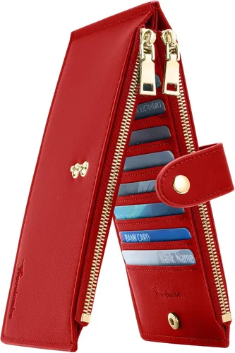 Vista 18 de Travelambo Billeteras de cuero para mujer, delgada, con bloqueo RFID, billetera plegable para tarjetas de crédito, Marrón beige