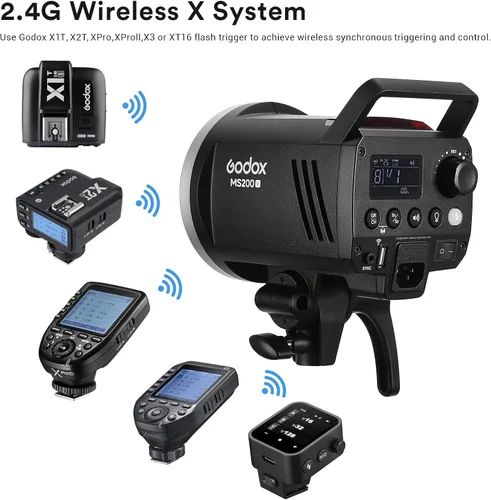Vista 5 de Godox MS200V MS200-V - Luz estroboscópica de estudio, 200W 110V 2.4G Flash de fotografía compacta, lámpara de modelado LED de 10W, monolight