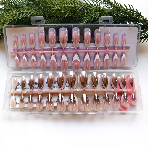 Vista 6 de Paquete de 6 uñas postizas a presión con forma de almendra media, uñas postizas acrílicas de cobertura completa con diseños de cromo rosa francés