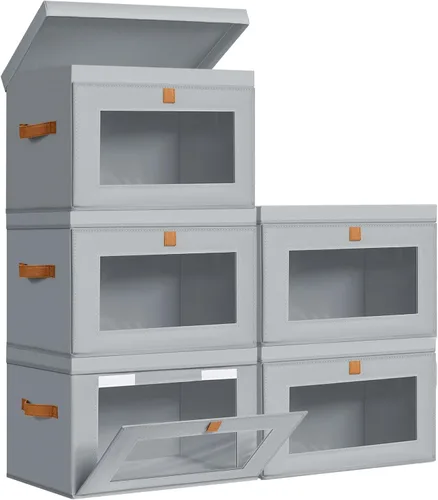 Vista 19 de DIMJ Contenedores de Almacenamiento con Tapas - Paquete de 4 Organizadores Grandes de Tela para Armario con Ventana y Asas, Cajas de Almacenamiento