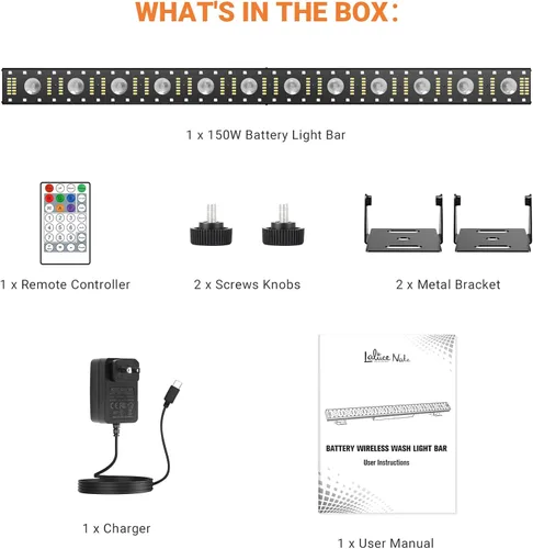 Vista 9 de Barra de luz de escenario alimentada por batería: 150W 3IN1 RGBW cambio de color - Inalámbrico 2.4G DMX y control remoto - Efectos estroboscópicos