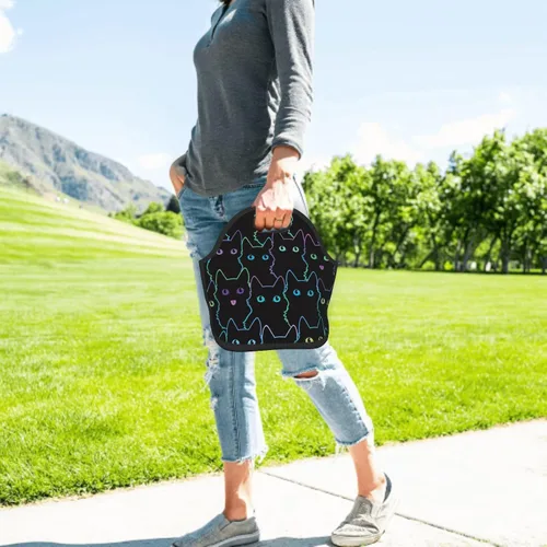 Vista 9 de Nerxy Bolsa de almuerzo de neopreno con aislamiento para gatos, bolsa pequeña para niños y adultos, bolsa térmica negra, contenedor reutilizable