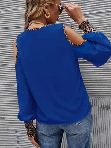 Vista 2 de Romwe Blusa de manga abombada con cuello en V y hombros descubiertos para mujer