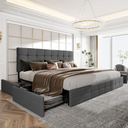 Vista 21 de HOOMIC Base de cama de almacenamiento de plataforma de tamaño matrimonial con 4 cajones y cabecera ajustable, listones de madera, no necesita Blanco