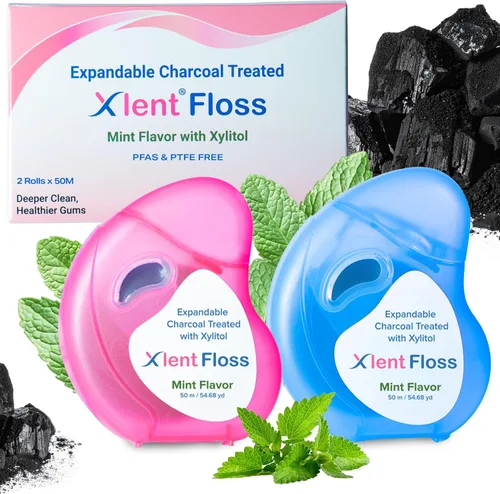 Vista 6 de Xlent Carbón activado expandible tratado con hilo dental, cera natural a base de plantas de xilitol en sabor a canela, paquete de 2