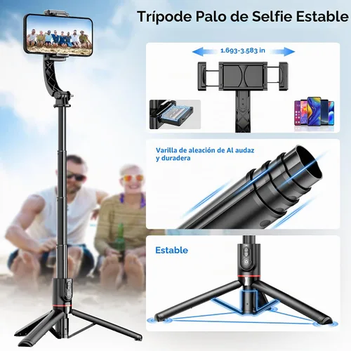 Vista 5 de Estabilizador de cardán para smartphone con control remoto, palo de selfie trípode extensible de aluminio, rotación automática de 360°, equilibrio