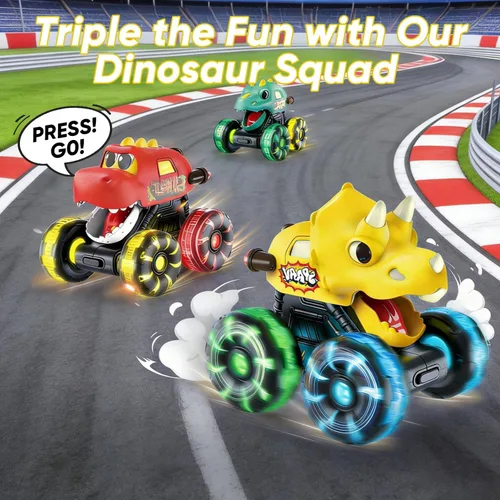 Vista 4 de Camiones monstruos para niños pequeños, juguete de dinosaurio Press & Go con luz - Juguete de Monster Cars con ruedas LED para regalos de cumpleaños