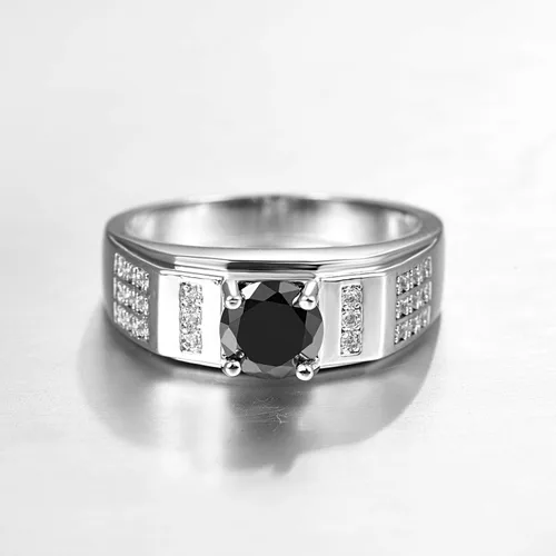 Vista 3 de Anillo de plata de ley 925 con relleno de corte redondo, topacio negro de imitación, anillo de compromiso de boda de alto pulido para mujer