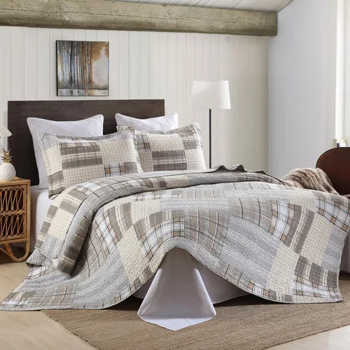 Vista 2 de KALOOLA Colchas de estilo granja tamaño Queen, 100% algodón, colcha acolchada ligera con 2 fundas de almohada, juego de ropa de cama estampada