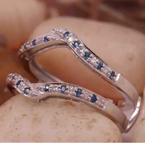 Vista 3 de Anillo doble de oro redondo de oro de 14 quilates con zafiro azul y diamante blanco para mujer