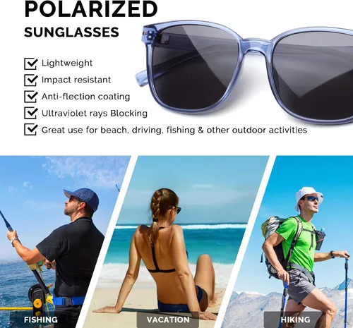 Vista 6 de JOO'RTI Gafas de sol polarizadas de gran tamaño para mujereshombres, protección UV, Marco azul, lente gris