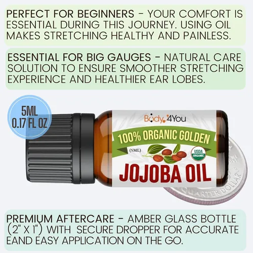 Vista 3 de BodyJ4You Aceite de jojoba orgánico para piercings - USDA 100% puro prensado en frío aceite para estiramiento de orejas - Cuidado de la nariz