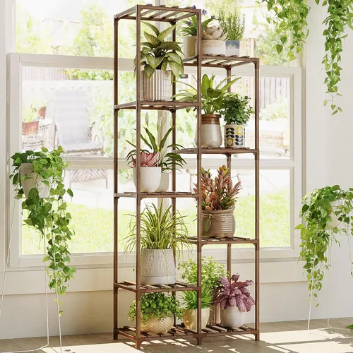 Vista 10 de Bamworld Soporte para plantas para interiores y exteriores, estante grande de metal de 11 niveles para plantas, soportes de flores de varios Negro