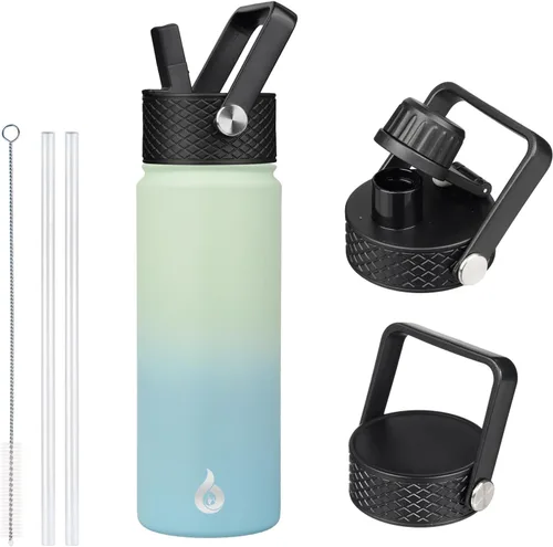 Vista 112 de BJPKPK Botellas de Agua Aisladas con Tapa de Pajita, Botella de Agua de Acero Inoxidable de 18oz, Termo Frío Caliente con 3 Tapas, Vaso de Viaje a