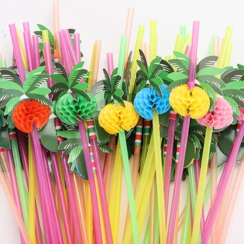Vista 4 de 100 unidades de pajitas de árbol de coco, pajitas desechables de plástico en forma de panal, suministros para decoración de fiesta tropical hawaiana