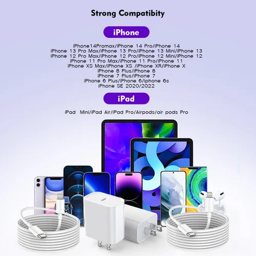 Vista 4 de Cargador de iPhone de carga rápida, paquete de 2 bloques de carga de pared USB C de Apple PD con cable USB-C a Lightning de 3 pies, adaptador tipo C