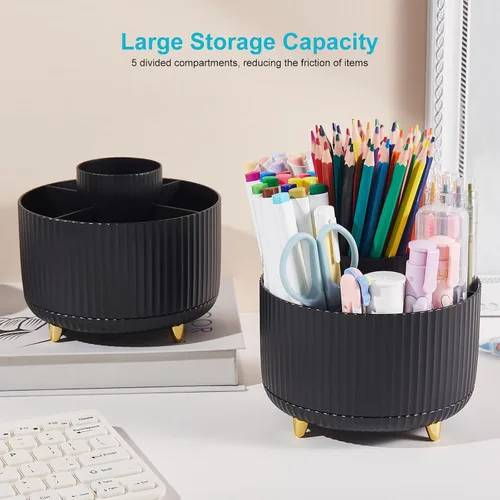 Vista 3 de Organizador de escritorio para lápices y bolígrafos, 5 ranuras, rotación de 360 grados, organizadores de escritorio para lápices y bolígrafos
