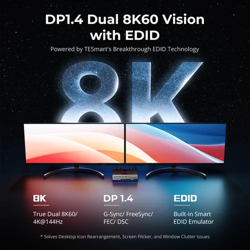 Vista 3 de TESmart - Conmutador KVM DP 8K@60Hz para 2 Monitores y 2 Computadoras con EDID, Conmutador KVM DP 1.4 para Monitor Dual 4K@144Hz para Estación