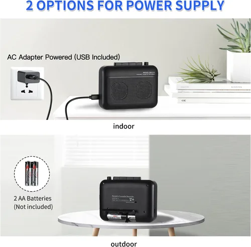 Vista 2 de Grabadora de casete con transmisor Bluetooth, reproductor de cinta de casete pequeño con conector para auriculares, altavoz integrado, conector