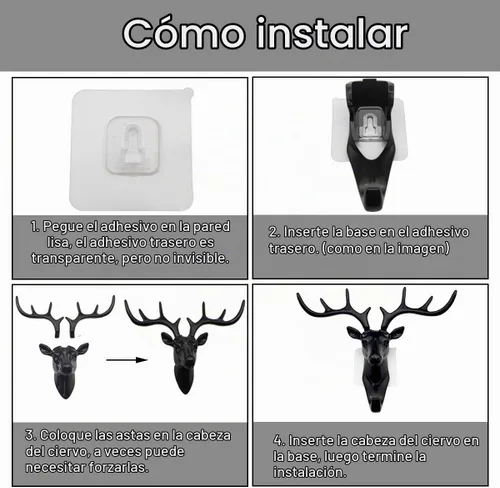 Vista 5 de 2 ganchos de cabeza de ciervo autoadhesivos, ganchos decorativos de pared de animales para el hogar u oficina