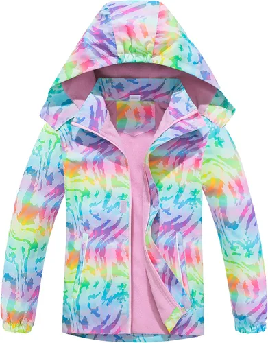 Vista 9 de M2C - Chaqueta ligera impermeable para exteriores con capucha para niñas, forro polar con estampado floral Perla de guepardo