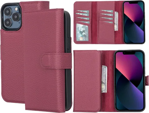 Vista 10 de Bayelon Funda compatible con iPhone 13 Pro, billetera de cuero triple de grano completo [2 en 1], funda magnética desmontable con ranuras