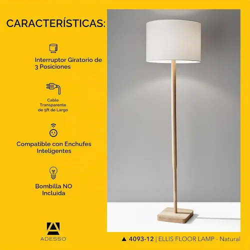 Vista 6 de Adesso Lámpara de pie con base de madera de caucho natural y pantalla de lino blanco, brillo ajustable de 3 vías, lámpara para dormitorio, sala